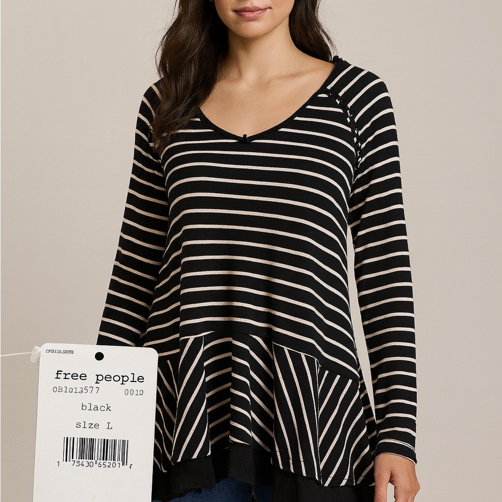 We The Free Black and Cream Striped Long Sleeve Top NWT , Large - Picture 1 of 5